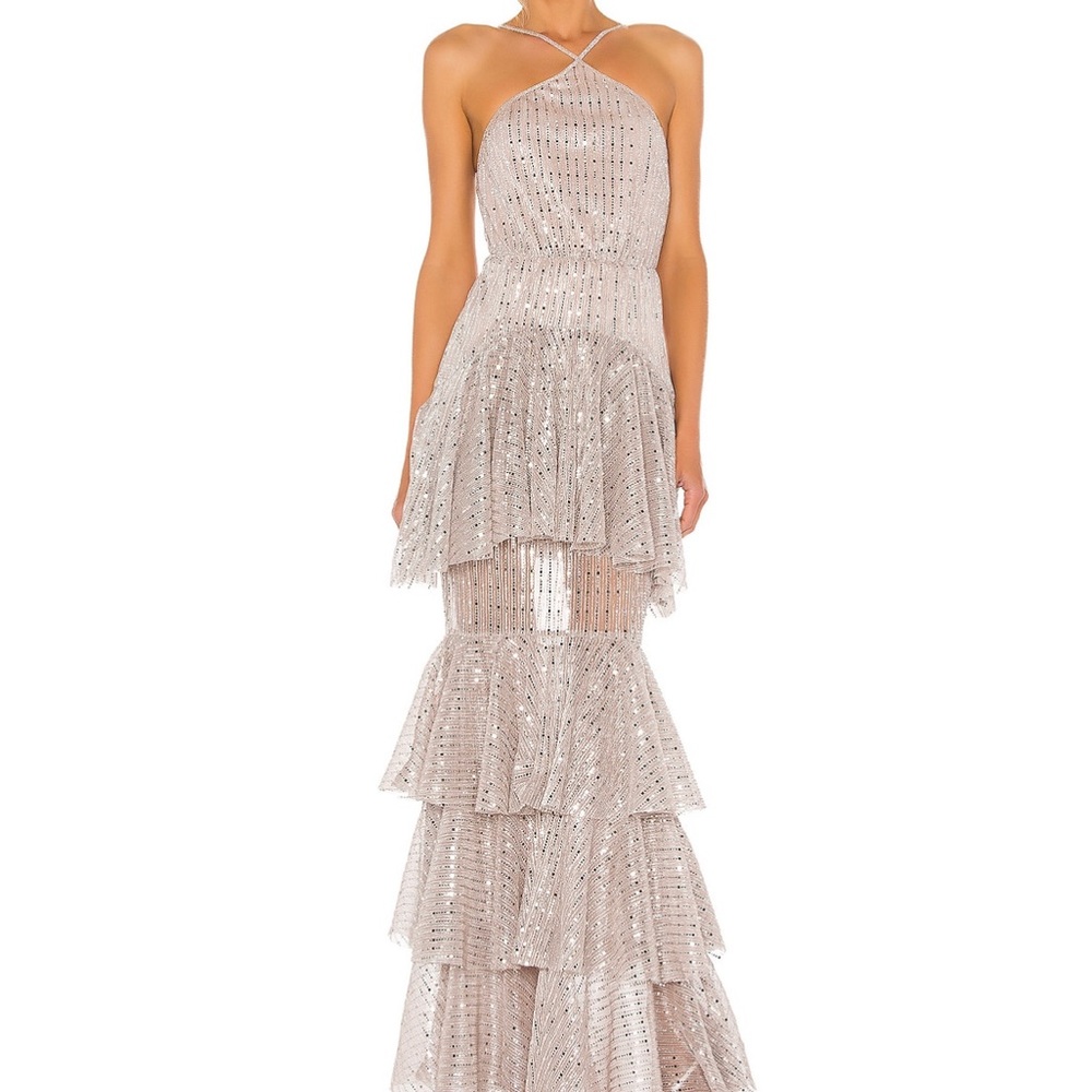 Michael Costello x revolve Shirley silver ruffle gown
